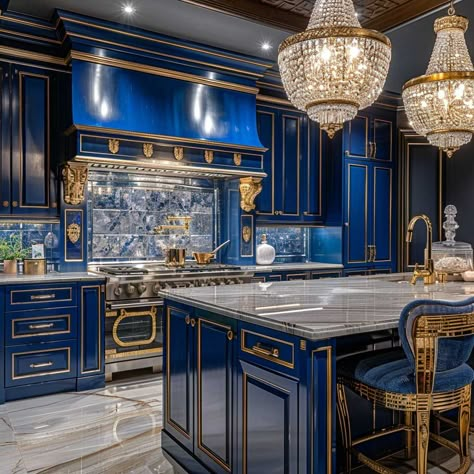 10+ Hollywood Regency Blue Kitchen Cabinets for a Touch of Old-School Glamour • 333+ Art Images Blue Kitchen Cabinets Ideas, Hollywood Regency Kitchen, Regency Kitchen, Old Hollywood Homes, Columns Decor, Blue Room Decor, Trendy Kitchen Design, Bold Kitchen, Classy Kitchen