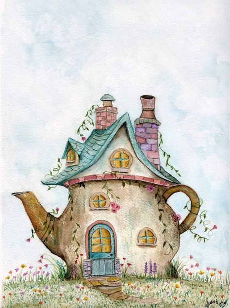 Fairy Tale House Drawing, Teacup House Drawing, House In A Tree Drawing, Cottage Core Art Drawings, Teapot House Drawing, Fairy Cottage Drawing, Cottage Drawing Fairytale, Whimsical Art Illustrations, Up House Drawing