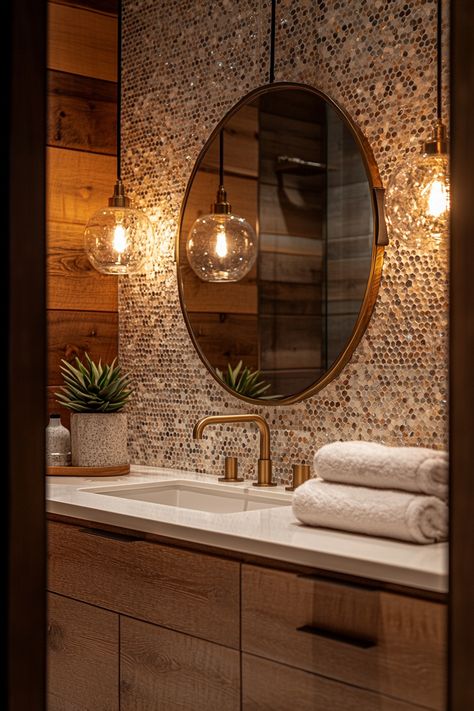 Transform your bathroom with stunning wall art ideas and warm lighting! This modern vanity setup with gold accents is perfect for a chic touch. Upgrade your decor and create a spa-like atmosphere at home. #BathDecor #HomeInspiration #WallArtIdeas Spa Accent Wall, Powder Room Industrial, Bathroom Pendant Lighting Vanities, Unique Powder Rooms, Bathroom Earthy, Vanity Setup, House Bathroom Designs, Textured Tiles, Kitchen Cabinetry Design