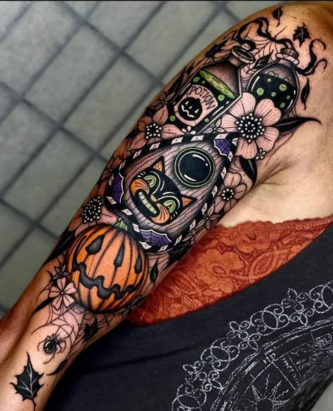 Tattoo Sleeve Themes, Skin Artwork, Planchette Tattoo, Fall Tattoos, Halloween Sleeve, Blast Over Tattoo, Cute Halloween Tattoos, Halloween Tattoos Sleeve, Autumn Tattoo