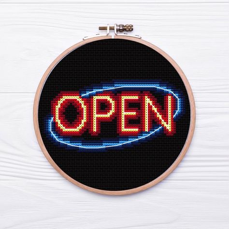 Neon Open Sign Cross Stitch Pattern, Embroidery Pattern - Etsy Norway Neon Cross, Neon Embroidery, Neon Open Sign, Open Sign, Animal Cross Stitch Patterns, Open Signs, Dmc Embroidery Floss, Pattern Embroidery, Balloon Animals