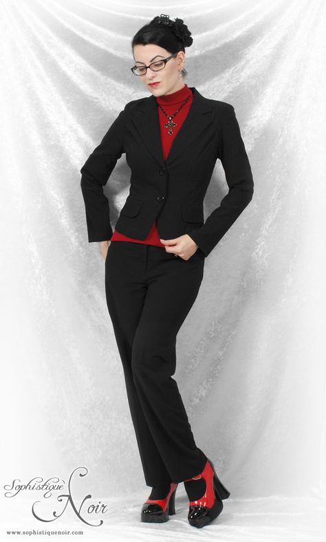 Red Goth Outfits, Business Goth, Corp Goth, Gothic Inspiration, Office Goth, Geeky Clothes, Corporate Goth, Thrift Inspo, Goth Outfit