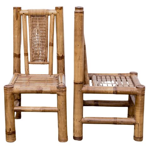 Set of four primitive bamboo shoot frame side chairs with split woven bamboo seats and backs, France circa 1950's. Bamboo Chairs, Bamboo Shoot, Bamboo Chair, Bamboo Shoots, Bamboo Furniture, Side Chair, Side Chairs, For Sale, Furniture