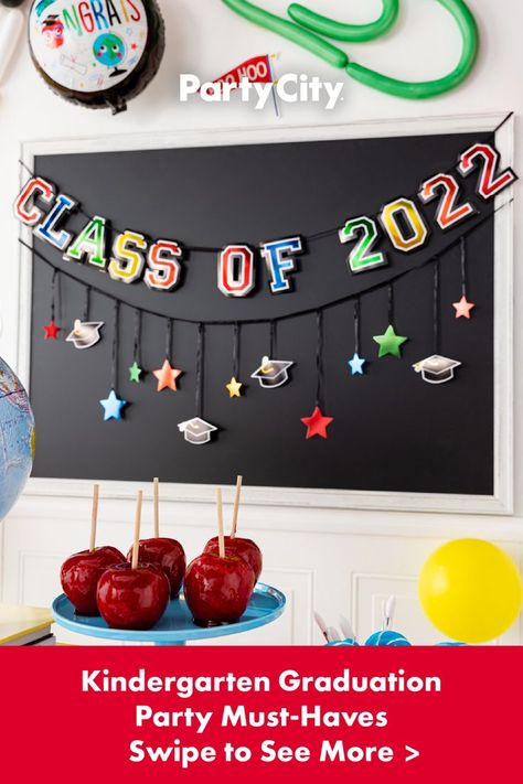 Swipe to see the three things you need to celebrate your little graduate's big achievement. Decorate the party space with Class of 2022 decorations, balloons, and tableware. Find more graduation decorations at Party City. End Of Year Class Party Decorations, Kindergarten Graduation Party Ideas Decoration, Alphabet Celebration Kindergarten, Nursery Graduation Ideas, Kinder Graduation Party, Year End Party Decoration, Preschool Graduation Backdrop Ideas, Graduation Kindergarten Ideas, Preschool Graduation Party Ideas