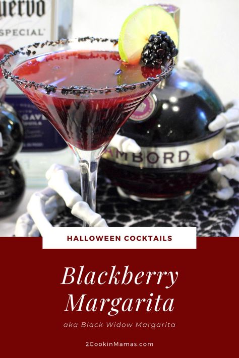 This Black Widow Margarita, aka Blackberry Margarita, is a dark colored drink that's the perfect sipper for a creepy Halloween. Flavored with Chambord and muddled blackberries, it has all the tart wonderful flavors of a standard margarita with a berry twist. Go ahead, grab one, I dare ya! #Halloweencocktail #margarita #blackberrymargarita #cocktailrecipe #ontherocks via @2CookinMamas Blackberry Margarita Recipe, Blackberry Margarita, White Cranberry Juice, Halloween Parejas, Halloween Cocktails, Halloween Drinks, Fall Drinks, Pomegranate Juice, Margarita Recipes