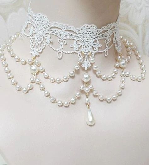 Odd Jewelry, Retro Fairy, Retro Fashion Outfits, Lace Choker Necklace, Lace Choker, Necklace Bridal, Pearl And Lace, Fantasy Jewelry, Girly Jewelry