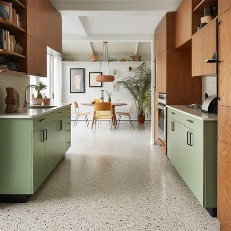 Terrazo Kitchen Floors, Kitchen Flooring Terrazzo, Kitchen Flooring Ideas With Green Cabinets, Terrazzo Kitchen Flooring, Colorful Kitchen Floor Tiles, Terrazzo Kitchen Floors, Terrazo Tile Flooring, Green Midcentury Modern Kitchen, Kitchen With Terrazzo Floors