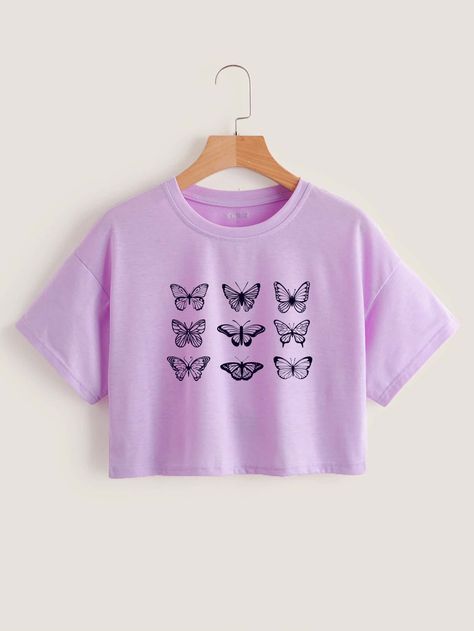 Lilac Purple Casual  Short Sleeve Polyester Butterfly   Slight Stretch Summer Women Tops, Blouses & Tee Purple Butterfly Top, Purple Butterfly Shirt, Trendy Short Sleeve T-shirt With Butterfly Print, Cute Butterfly Print Short Sleeve T-shirt, Casual Pink T-shirt With Butterfly Print, Stylish School Bags, Butterfly Shirts, Round Neck Tees, Purple Butterfly