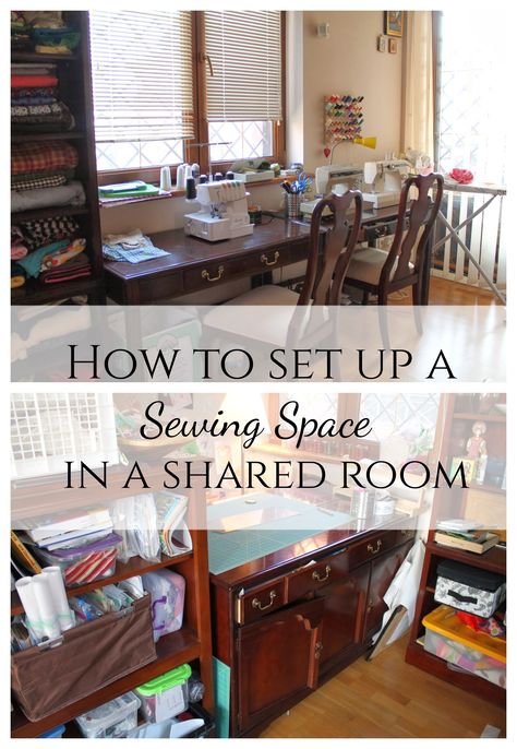 Don't have a full room you can use for your craft space? See one woman's solution for creating a sewing corner in a shared room. Bedroom Sewing Space, Bedroom And Sewing Room Combo, Sewing Corner Ideas Small Spaces, Sewing Nook In Living Room, Sewing Space In Living Room, Sewing Area In Living Room, Dining Room Sewing Space, Small Sewing Space In Bedroom, Living Room Sewing Space