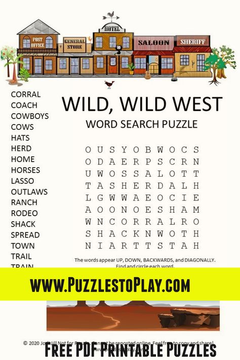 A free Wild West Word Search that highlights how the west was won! The printable puzzle has a fun word list to play! Wild West Activities, Free Word Search Puzzles, Wild West Theme, Christmas Word Search, Wild West Cowboys, Free Puzzles, Printable Puzzles, Word Find, Word Puzzles