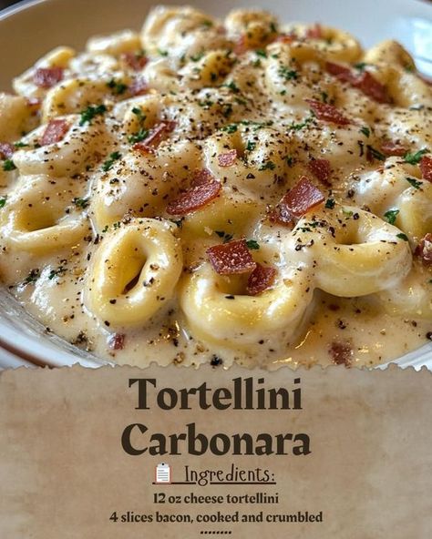 Simple & Grandma's Cooking Recipes | Tortellini Carbonara 🍝🥓🍳 | Facebook Corkscrew Pasta Recipes, Tortellini Carbonara, Recipes Tortellini, Carbonara Ingredients, Corkscrew Pasta, Tortellini Recipe, Hungry Eyes, Grandma Cooking, Tortellini Recipes