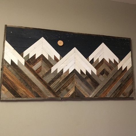 Handmade reclaimed wood snowcapped mountain peaks with night | Etsy Wooden Mountain Wall Art, Painted Sticks Diy, Wood Mountains, Mountain Wood Wall, Mountain Wood Art, Mountain Wood Wall Art, Stick Diy, Mountain Mural, Driftwood Wall