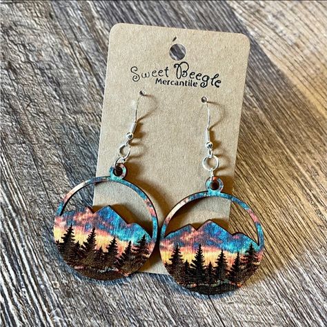 Mountain Sunset Earrings - 1.5” Diameter - Engraved Wood And Sterling Silver Sunset Earrings, Laser Engraved Earrings, Wood Jewelry Diy, Laser Cut Decor, Mountain Earrings, Laser Cut Wood Earrings, Mountain Background, Laser Cut Wood Crafts, Laser Engraved Gifts