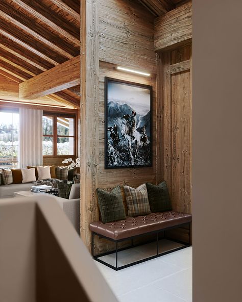 Contemporary Cabin Interior, Ski Cabin Interior, Mountain Chalet Interior, Alpine Interior Design, Chalet Style Homes Interior, Ski Lodge Interior, Ski Chalet Interior, Chalet Architecture, Chalet Living Room