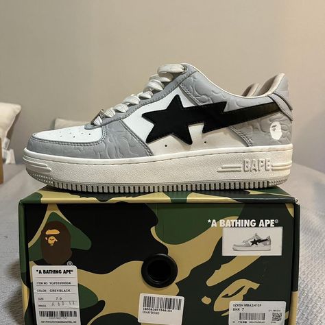 Grey and black bapestas
 - used but in good condition
 - size 7
 - willing to negotiate
 - comes with box and laces
 - fast shipping
LET ME KNOW BEFORE BUYING SO I CAN TAKE OFF BOOST‼️ Bape Men, A Bathing Ape, Men's Sneakers, Nike Men, Shoes Mens, Gray Color, Mens Accessories, Size 7, Nike