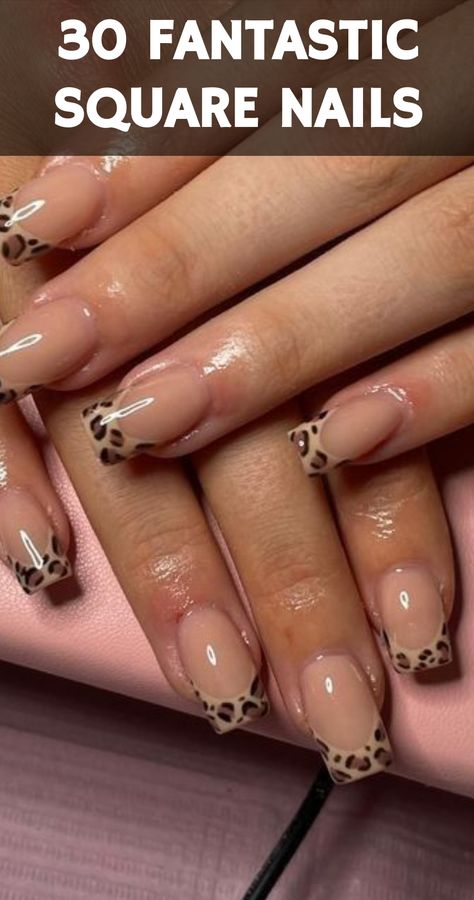 This captivating image features square nails adorned with a playful leopard print French tip, combining elegance with a touch of wild flair. The neutral base color enhances the overall design, allowing the animal print to stand out without overpowering the look. This style is perfect for those who want to express their personality while maintaining a sophisticated appearance, making it suitable for various occasions, from casual outings to... Leopard Nails Square, Cheetah Print Nails Square, Square Manicure, Cheetah Print Nails, Classic French Manicure, Nails Trends, Leopard Nails, Print Nails, White Tip