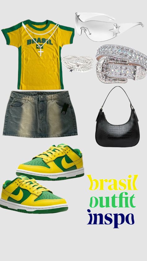 brasil outfit ! Brazil Jersey Outfit Girl, Summer Brazil Outfit, Brazil Outfit Aesthetic, Brazil Dunks Outfits, Brazil Style Outfits, Brazil Top Outfit, Brazil Shirt Outfit, Brazilian Style Outfits, Brazil Outfit Ideas