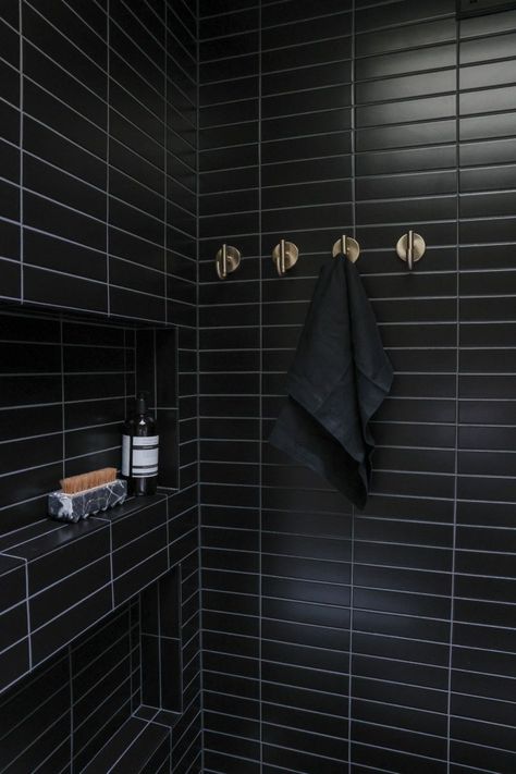 Black Tile Half Bathroom, Black Tile Half Bath, Black Square Tile Bathroom, White Half Bathroom Ideas, Black And White Half Bathroom, Small Half Bathroom Remodel, Black Half Bathroom, Black Tile Shower Lowe's, Half Bathroom Design