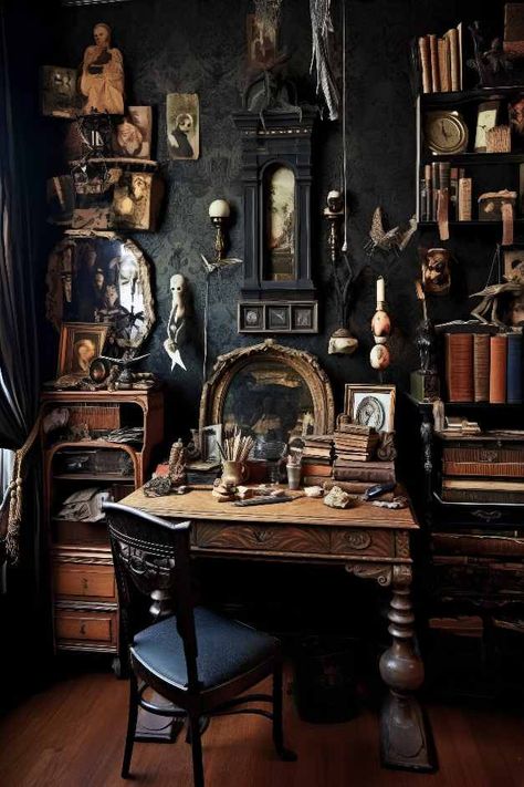 Dark Academia Office | Health, Beauty, Fashion, Design, Pets & More | dagmaramach.com Dark Academia Nature Room, Goth Literature Aesthetic, Gothic Dark Academia Room, Dark Industrial Office, Gothic Home Office Ideas, Dark Academia Office Desk, Dark Academia Aesthetic Interior Design, Dark Cottage Core Office, Dark Academia Home Interior