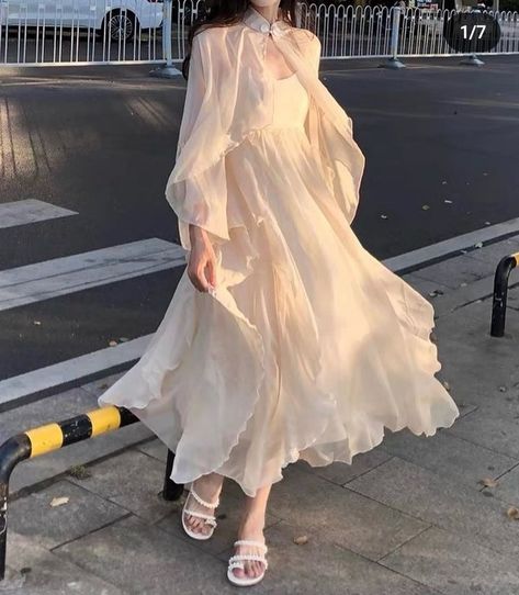 Dresses Sleeves Designs, Beautiful Dress Aesthetic, Aesthetic Night Dress, Korean Dress Elegant Long, Angelic White Dress, Heavenly Outfits, Angelcore Dress, Korean White Dress, Korean Dress Elegant