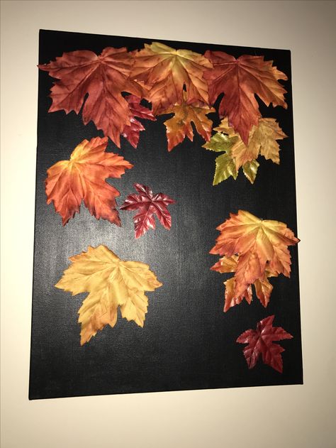 Autumn Leaf Painting, Black Background Painting, Fall Leaf Decor, Autumn Leaves Craft, Leaf Projects, Autumn Leaves Art, Fall Canvas Painting, Pressed Flower Crafts, Fall Arts And Crafts