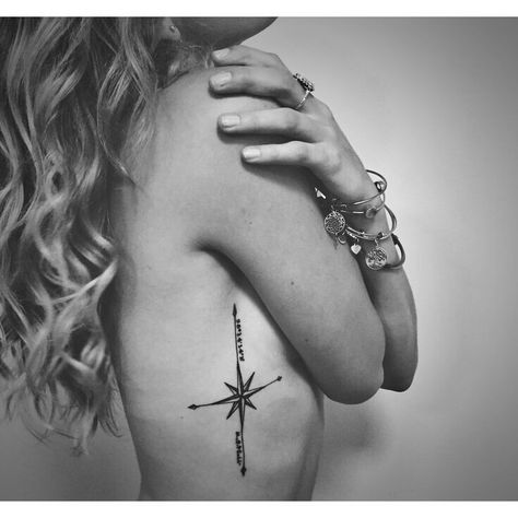 Black And Grey Tattoo Ideas, North Star Tattoos, Small Compass Tattoo, Coordinates Tattoo, Hard Decision, Black And Grey Tattoo, Ribcage Tattoo, Compass Tattoo Design, Sweet Tattoos