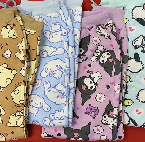 Sanrio Pyjama Set, Matching Sanrio Pajamas, Cinnamoroll Pajama Pants, Cute Pjs Sanrio, Matching Sanrio Onesies, Sanrio Pajamas Aesthetic, Sanrio Pjs Aesthetic, Kuromi Pajama Pants, Sanrio Pajama Pants