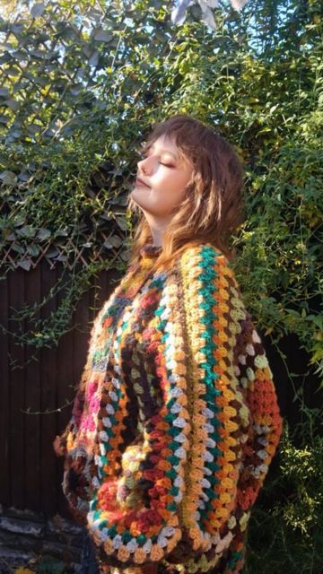 Scrap Yarn Sweater Crochet, Scrap Yarn Sweater, Whimsigoth Crochet, Whimsical Crochet, Hippie Fits, 60’s Style, Nature Autumn, Scrap Yarn, Yarn Sweater