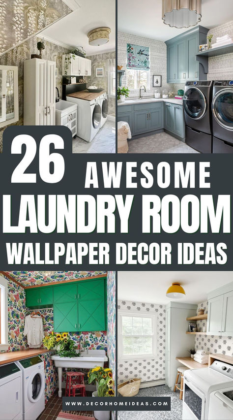 Transform your laundry room into a stylish haven with these 26 eye-catching wallpaper designs! Whether you prefer bold patterns, soft neutrals, or quirky prints, these wallpaper ideas will add flair and sophistication to an often-overlooked space. Discover how the right wallpaper can make laundry day a bit more delightful! Wallpapered Laundry Closet, Wallpaper Laundry Room Accent Walls Coastal, Funky Laundry Room Wallpaper, Wallpaper In Laundry Rooms, Wallpaper Ideas Laundry Room, Wall Papered Laundry Room, Best Laundry Room Wallpaper, French Country Laundry Room Wallpaper, Funky Wallpaper Laundry Room