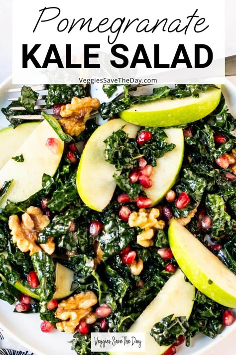 Colorful Kale and Pomegranate Salad features bright seasonal flavors. Tart, sweet, and crunchy, enjoy it as a light lunch or festive holiday starter. Apple Pomegranate Salad, Pomegranate Kale Salad, Winter Kale Salad, Vegan Mediterranean Diet, Pomegranate Recipes Salad, Vegan Thanksgiving Menu, Apple Pomegranate, Salad With Pomegranate, Vegan Mediterranean