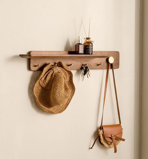 Wall Hook Shelf, Clothes Hooks Bedroom, Plant Wall Hook, Wall Coat Rack With Shelf, Shelf With Hooks Entryway, Entryway Hook Ideas, Cmf Moodboard, Wall Hooks Bedroom, Entryway Shelf With Hooks