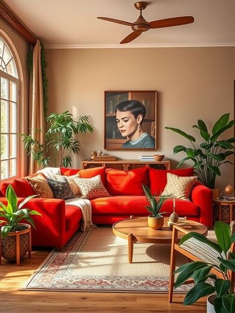 20 Red Couch Living Room Ideas Red Couches Living Room Decor Ideas, Red Armchair Living Room, Red Sofa Living Room Ideas Color Combos, Red Sofa Living Room Color Schemes, Red Couch Living Room Ideas, Cinnamon Living Room, Maximalism Bedroom, English Style Decor, Red Sofa Living Room