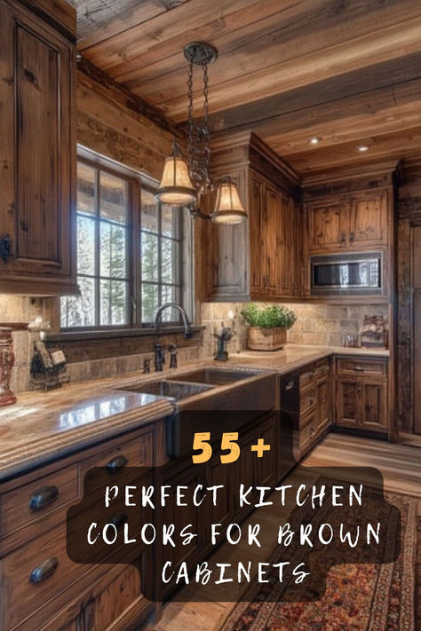 55+ beautiful kitchen color ideas that harmonize with brown cabinets, creating a warm and inviting atmosphere 🍽️. These colors range from soft neutrals to vibrant hues, enhancing the natural richness of your cabinets. Curious to see which color suits your kitchen style? Click to explore all the stunning options! #BrownCabinets #KitchenColors #HomeDecor #WarmInteriors #StylishKitchens #ColorPairings #InvitingSpaces Kitchen Color Ideas For Walls With Brown Cabinets, Brown Cupboards White Counter, Rustic Brown Kitchen Cabinets, Brown Cabinets Black Hardware, Light Brown Kitchen Cabinets Color Schemes, Chocolate Brown Kitchen Cabinets, Brown Kitchen Cabinets Decor Ideas, Walnut Kitchen Cabinets Color Schemes, Kitchen Paint Colors With Oak Cabinets