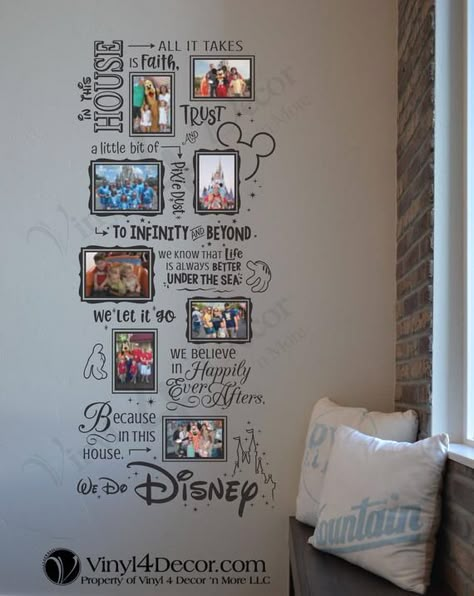 Disney In this house We do Disney Photo Collage 4 x 6 and 5 x 7 photos adhere with glue dots. Overall size is 22(w) x 53(h) inches. Decal large wall decor sticker Sizes of frames: These are part of the vinyl decal. The decal comes as one big piece for easy install. All you need to do is adhere your Disney Photo Collage, Do It Yourself Decoration, Deco Disney, Casa Disney, Disney Room Decor, Disney Bedrooms, Photo Collage Wall, Disney House, Disney Room