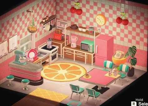 Retro Animal Crossing Island, Animal Crossing Kitchen Ideas, Acnh Retro, Animal Crossing House Ideas, Animal Crossing Builds, Acnh Kidcore, Animal Crossing House, Animal Crossing Aesthetic, Animal Crossing Island Inspo