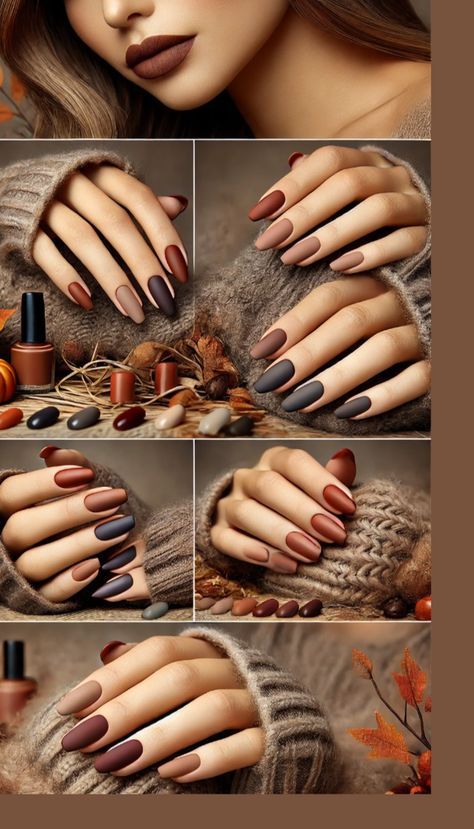 5 Different Color Nails Fall, Manicure Matte Ideas, Fall Nails Solid Color Matte, Fall Color Matte Nails, Matte Nails Neutral, November Nails Designs Fall Matte, Fall Nail Palette, Thanksgiving Matte Nails, Matte November Nails