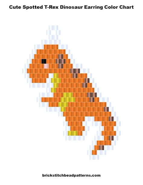 Free Cute Spotted T-Rex Dinosaur animal earring brick stitch seed bead weaving art graph pattern. Download the free bead pattern color chart graph, labeled color chart graph, a letter chart graph that is similar to a word chart, and a bead count list. These earrings were designed for using generic seed beads by Brick Stitch Bead Patterns Journal. Cute T Rex, Pony Bead Crafts, Dinosaur Earrings, Seed Bead Pattern, Beading Patterns Free, T Rex Dinosaur, Brick Stitch Pattern, Dinosaur Pattern, Beaded Jewelry Designs