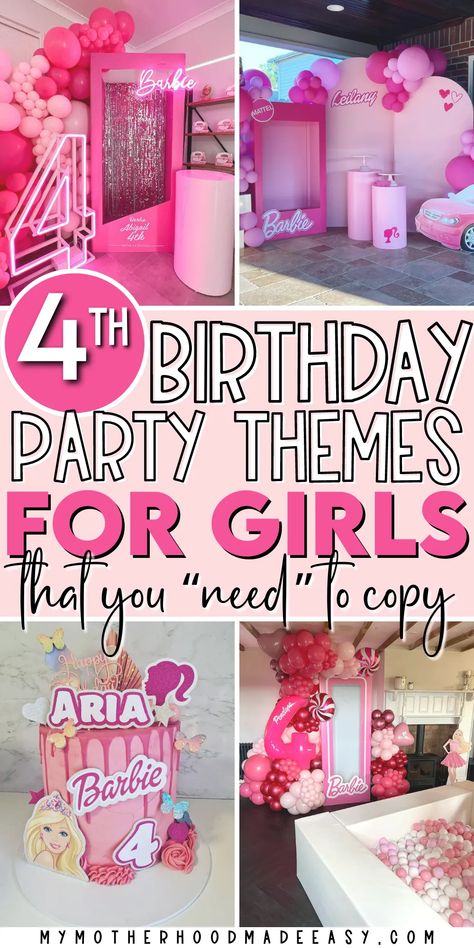 4th birthday party ideas for girls 4 Yr Birthday Theme, Four Ever Loved Birthday, 4 Party Theme, Birthday Themes For Girls 4th, Pink 4th Birthday Party, Birthday Theme For 4 Year Girl, Birthday Party Ideas For 4 Year Girl, 4 And Fabulous Birthday Party Ideas, Birthday Party For 4 Year Girl