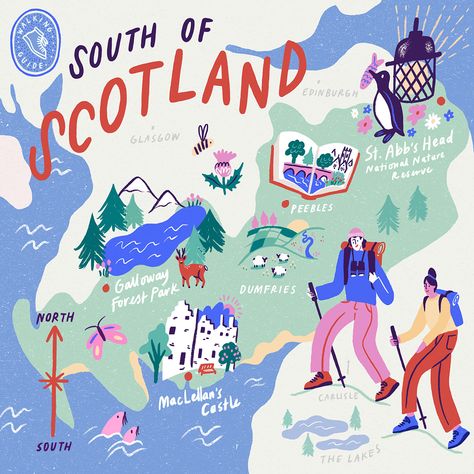 Scotland Illustration, Maps Illustration Design, Guidebook Design, Map Inspiration, Ib Art, Village Map, Illustrated Maps, Map Projects, Walking Routes