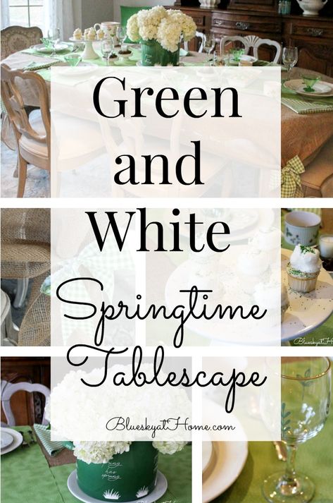 Green and White Springtime Tablescape. Bring spring into your home decor with a spring tablescape using green and white accessories as a color scheme. #tablescape #springtablescape #blueskyathome Green White Tablescape, Green White Table Setting, March Table Decorations, Natural Tablescape, Spring Outdoor Tablescape, Green And White Table Setting, Early Spring Tablescapes, Green And White Tablescape, Spring Tablescapes Simple