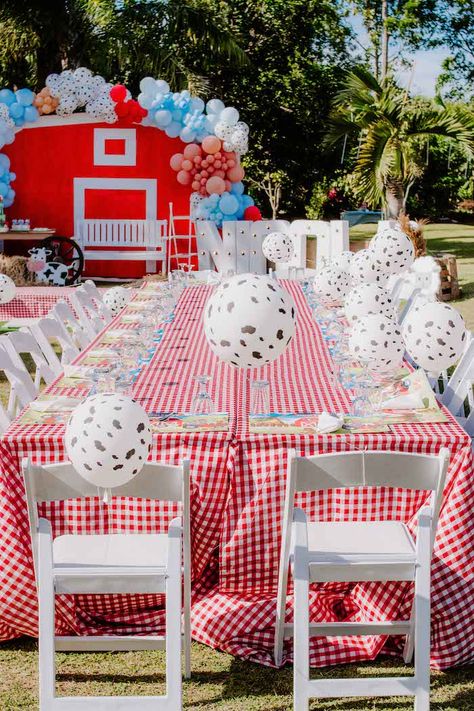 Outdoor Farm Birthday Party, 1st Birthday Barnyard Theme, Farm Yard Party, Barn First Birthday Party, Barnyard Birthday Party Boys, Blue Barnyard Birthday, Old Mcdonald Birthday Party, Barn Themed Birthday Party, Two Year Old Barnyard Birthday