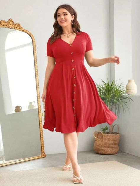 EMERY ROSE Plus Fake Button High Waist A-line Dress | SHEIN USA Summer Office Dress, Casual Dresses Plus Size, Sukienki Plus Size, Business Formal Dress, Mauve Dress, Spring Fashion Outfits, Office Dresses, Vestido Casual, Summer Fashion Outfits