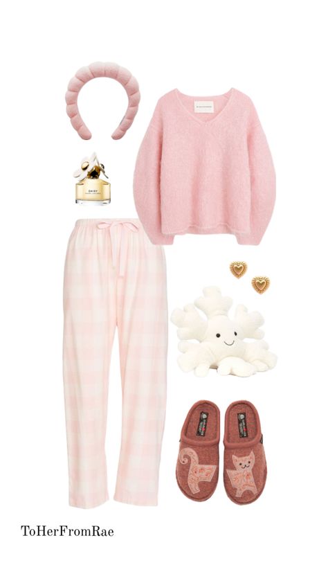 Pink sweter, snowflake jellycat stuffed animal, cat felt slippers, pink plaid pajama pants, Marc Jacobs Perfume, Pink headband, Gold Heart Earrings Lazy Day Outfits Winter, Pink Christmas Outfits, Christmas Morning Outfit, Lounge Wear Outfit, Cute Lounge Outfits, Cute Lazy Day Outfits, Lazy Outfits, Easy Trendy Outfits, Lazy Day Outfits