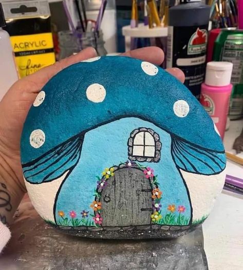 Painted Rocks Fairy Houses, Fairy Garden Rock Painting Ideas, Rock Painting Mushrooms, Exterior House Stone, Patio Ideas Stone, Stone Wallpapers, Stone Patio Ideas, Stone Age Art, Aesthetic Rock