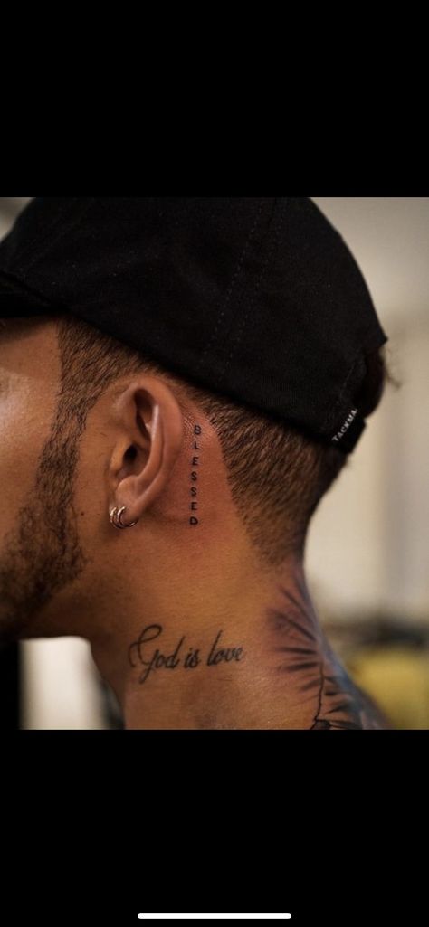 Ear Neck Tattoo Men, Christian Back Tattoos For Men, Name Tattoos Behind Ear Men, Bible Verse Neck Tattoo, Tattoo Ideas Neck Men, Tattoos For Men Behind Ear, Love Yourz J Cole Tattoo Neck, Christian Neck Tattoos For Men, Love Yourz J Cole Tattoo Behind Ear