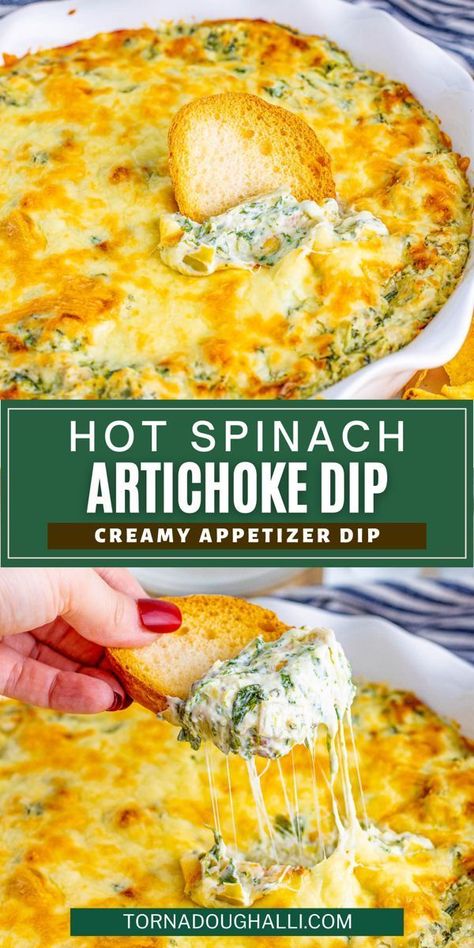 This bubbly, cheesy, tasty, and gooey hot spinach artichoke dip from Tornadough Alli is always a crowd-pleaser! Ready in just over 20 minutes, it’s the perfect appetizer to make on the fly. Planning a party, or just want a nice hearty, rich, and super duper creamy dip? This dip checks all those boxes! Hot Spinach Dip Recipe, Hot Spinach Artichoke Dip, Spinach Artichoke Dip Easy, Hot Spinach Dip, Creamy Spinach Dip, Spinach Artichoke Dip Recipe, Spinach Dip Recipe, Creamy Dip, Spinach Artichoke Dip