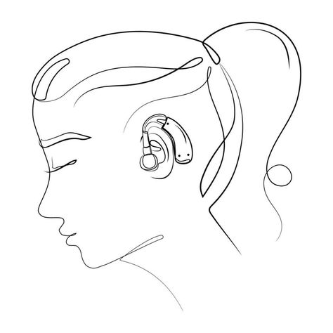 Woman's face with a hearing aid on her ear logo, icon or emblem, print, poster design.Line art drawing in a Minimalist style. Vector illustration. World deaf day. Hearing problems in people concept. Ear Logo, 3d Rigging, Print Poster Design, Hearing Problems, Deaf Culture, Line Art Drawing, Design Line, Hearing Loss, Logo Icon