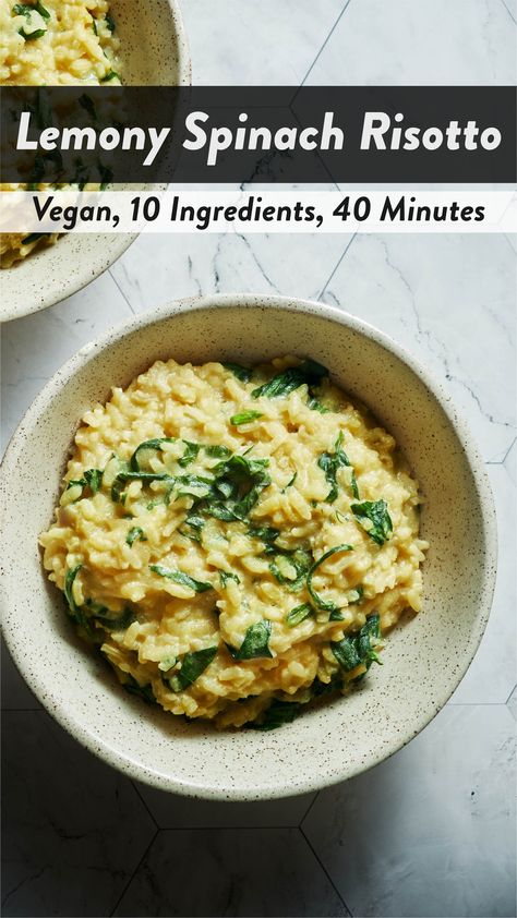 Vegan Lemon Risotto, Vegan Baked Risotto, Vegan Leek Risotto, Vegan Shallot Recipes, Risotto Recipes Lemon, Vegan Spinach Risotto, Lemon Spinach Risotto, Whole 30 Risotto, Risotto With Spinach