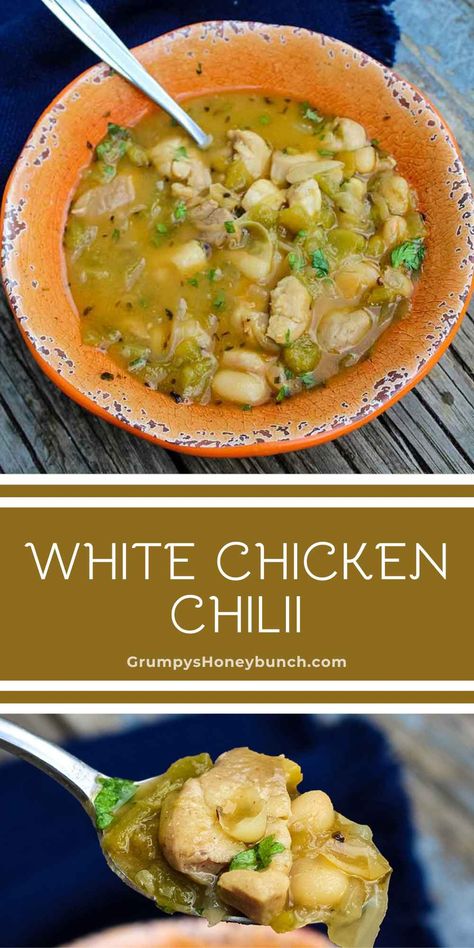 This white chicken chili recipe is a comforting fall dinner that's packed with flavor. It's a hearty chili recipe with tender chicken, beans, and a creamy broth that's perfect for a cozy night in. Ideal for an easy, satisfying meal. Rotisserie Chicken Chili Recipes, White Pork Chili, White Bean Chicken Chili Soup, Chicken White Bean Chili, Easy White Bean Chicken Chili, White Chicken Chili Soup, White Bean Chicken Chili Recipe, Chicken Chili Soup, Hearty Chili Recipe