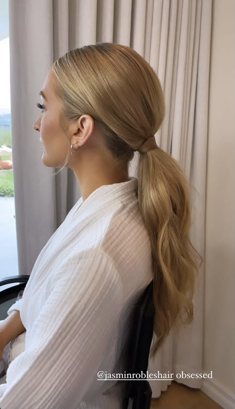 Formal Hairstyles Low Ponytail, Hoco Ponytails Brown Hair, Soft Low Ponytail, Slicked Back Wedding Ponytail, Sleek Ponytail For Wedding, Slick Back Ponytail Homecoming Hair, Slicked Bridesmaid Hair, Bridesmaid Slicked Back Ponytail, Slicked Back Pony Wedding Hair